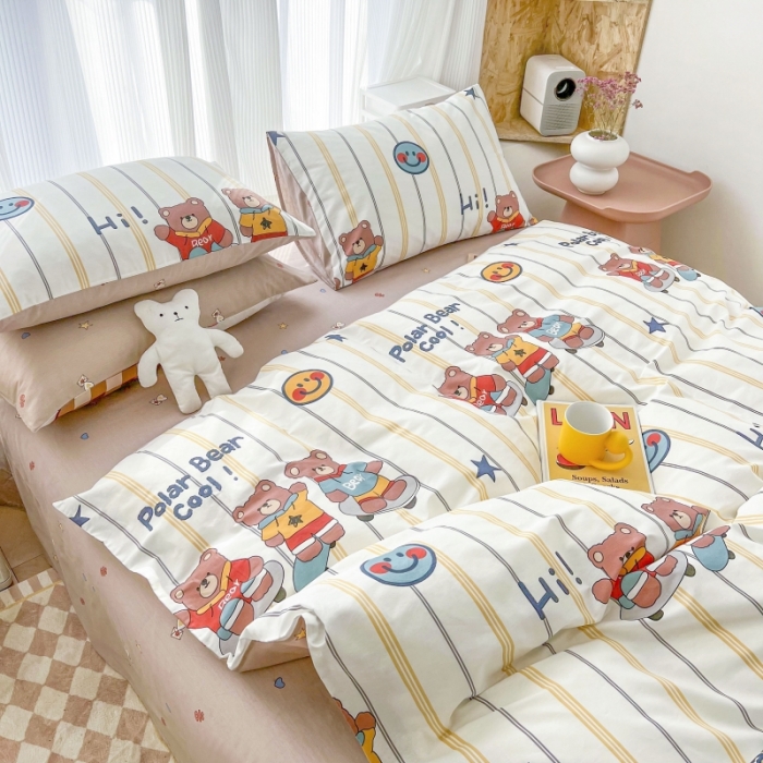 91家纺网 家纺一手货源 找家纺 感遇家纺 2022新款全棉印花四件套 滑板小熊