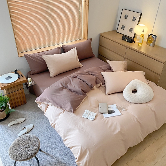 91家纺网 家纺一手货源 找家纺 窝米 2022春季新品素色双拼水洗棉系列四件套 可可双拼