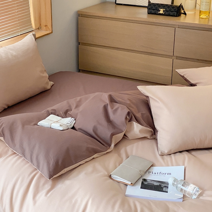 91家纺网 家纺一手货源 找家纺 窝米 2022春季新品素色双拼水洗棉系列四件套 可可双拼