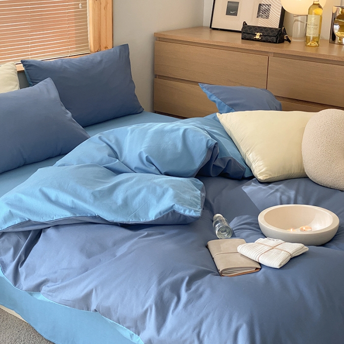 91家纺网 家纺一手货源 找家纺 窝米 2022春季新品素色双拼水洗棉系列四件套 克莱茵蓝双拼