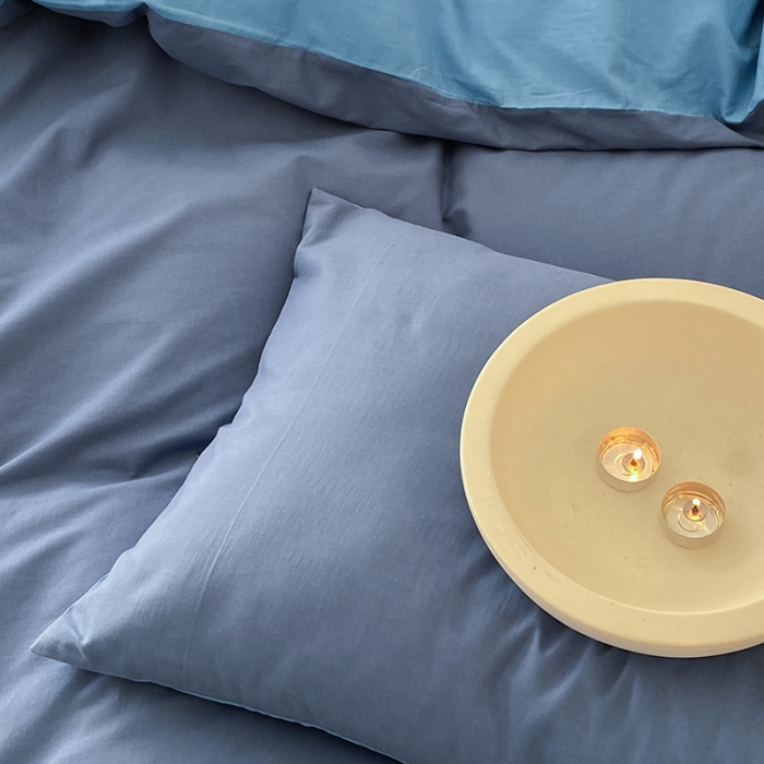 91家纺网 家纺一手货源 找家纺 窝米 2022春季新品素色双拼水洗棉系列四件套 克莱茵蓝双拼