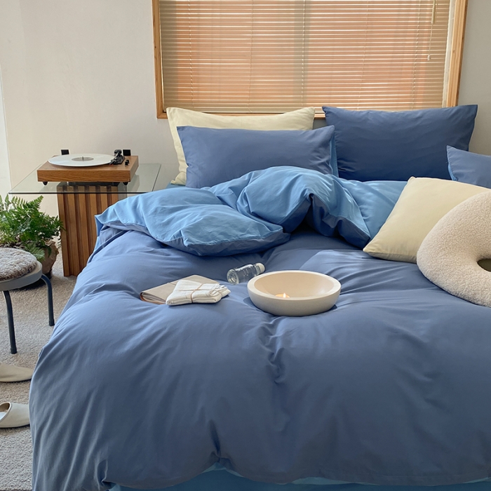 91家纺网 家纺一手货源 找家纺 窝米 2022春季新品素色双拼水洗棉系列四件套 克莱茵蓝双拼