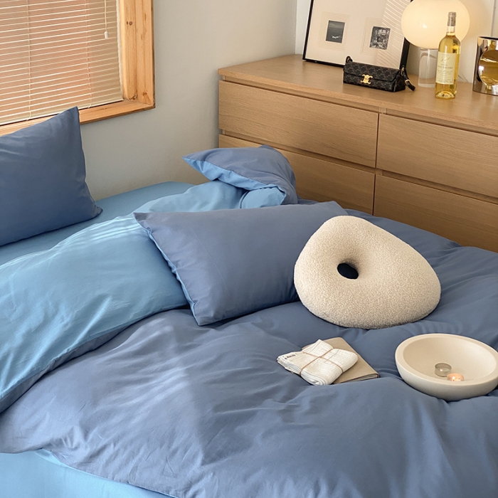 91家纺网 家纺一手货源 找家纺 窝米 2022春季新品素色双拼水洗棉系列四件套 克莱茵蓝双拼