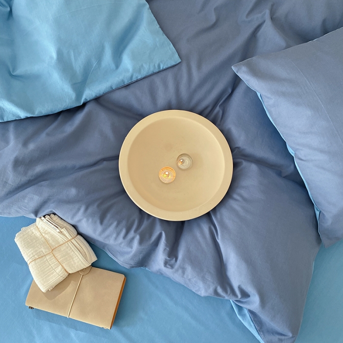 91家纺网 家纺一手货源 找家纺 窝米 2022春季新品素色双拼水洗棉系列四件套 克莱茵蓝双拼