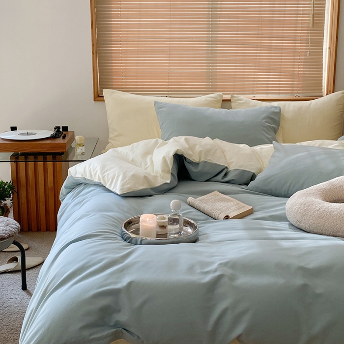 91家纺网 家纺一手货源 找家纺 窝米 2022春季新品素色双拼水洗棉系列四件套 米兰双拼