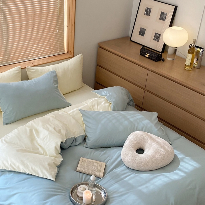 91家纺网 家纺一手货源 找家纺 窝米 2022春季新品素色双拼水洗棉系列四件套 米兰双拼