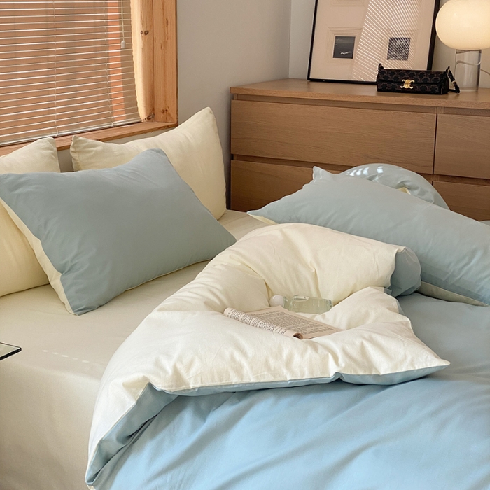 91家纺网 家纺一手货源 找家纺 窝米 2022春季新品素色双拼水洗棉系列四件套 米兰双拼