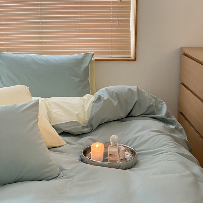 91家纺网 家纺一手货源 找家纺 窝米 2022春季新品素色双拼水洗棉系列四件套 米兰双拼