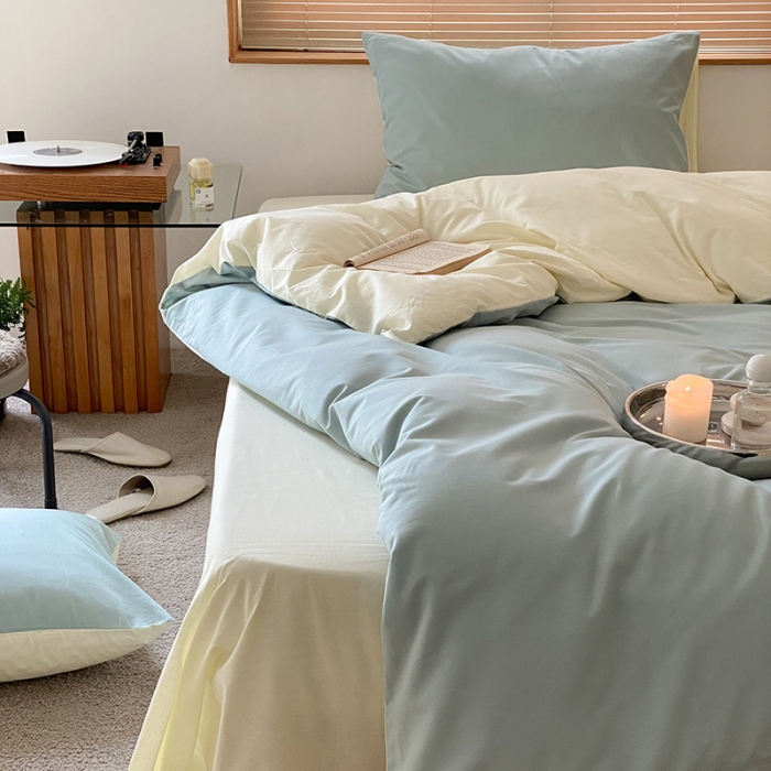 91家纺网 家纺一手货源 找家纺 窝米 2022春季新品素色双拼水洗棉系列四件套 米兰双拼