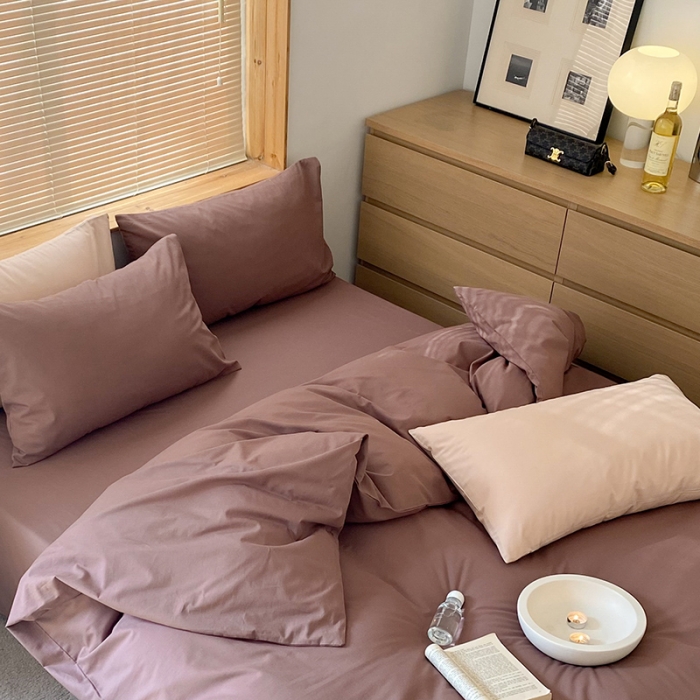 91家纺网 家纺一手货源 找家纺 窝米 2022春季新品素色双拼水洗棉系列四件套 欧蕾咖啡