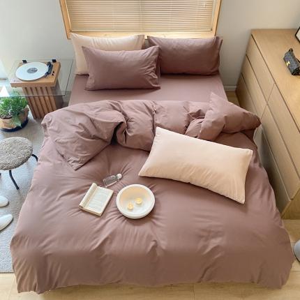 窝米 2022春季新品素色双拼水洗棉系列四件套 欧蕾咖啡