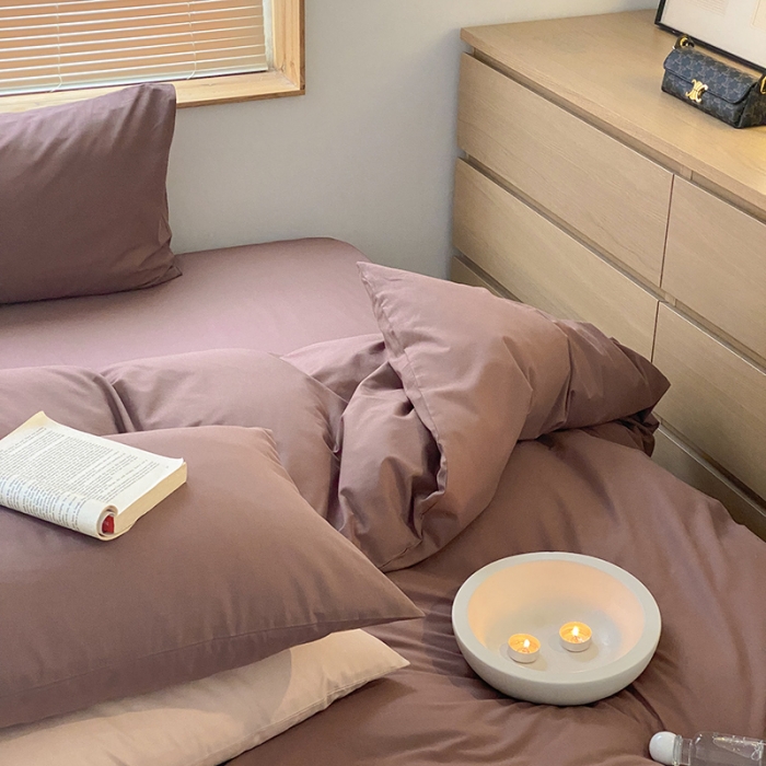 91家纺网 家纺一手货源 找家纺 窝米 2022春季新品素色双拼水洗棉系列四件套 欧蕾咖啡