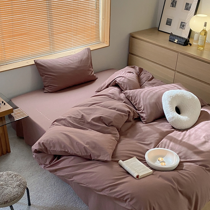 91家纺网 家纺一手货源 找家纺 窝米 2022春季新品素色双拼水洗棉系列四件套 欧蕾咖啡