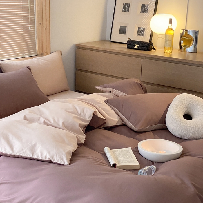 91家纺网 家纺一手货源 找家纺 窝米 2022春季新品素色双拼水洗棉系列四件套 欧蕾咖啡双拼