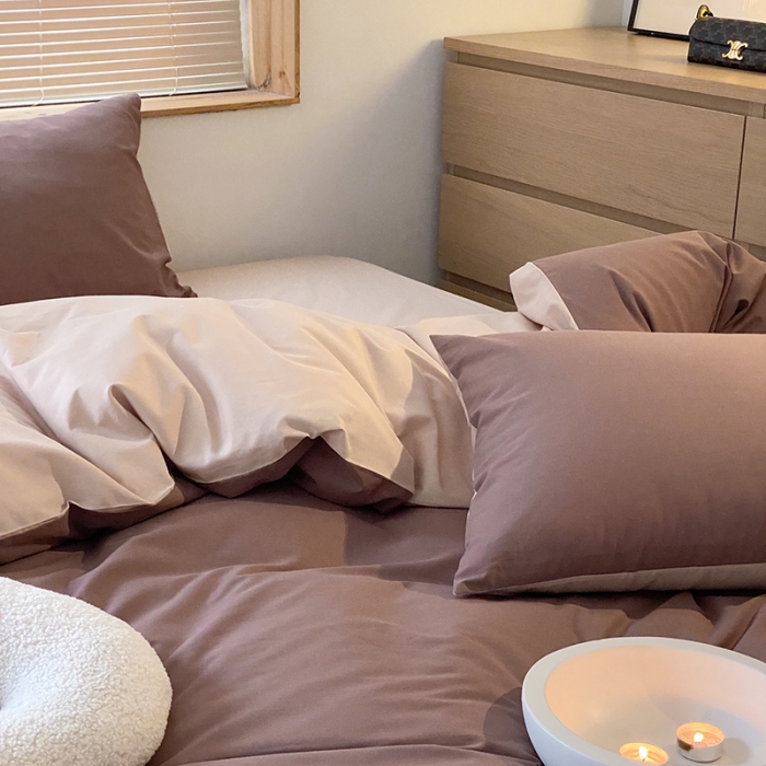 91家纺网 家纺一手货源 找家纺 窝米 2022春季新品素色双拼水洗棉系列四件套 欧蕾咖啡双拼