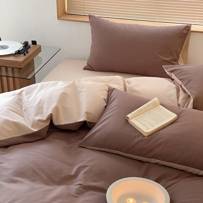 91家纺网 家纺一手货源 找家纺 窝米 2022春季新品素色双拼水洗棉系列四件套 欧蕾咖啡双拼