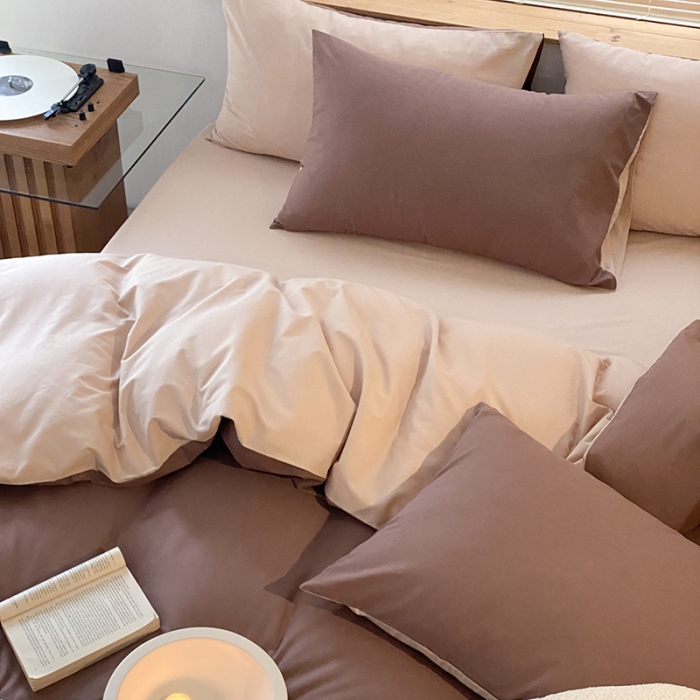 91家纺网 家纺一手货源 找家纺 窝米 2022春季新品素色双拼水洗棉系列四件套 欧蕾咖啡双拼