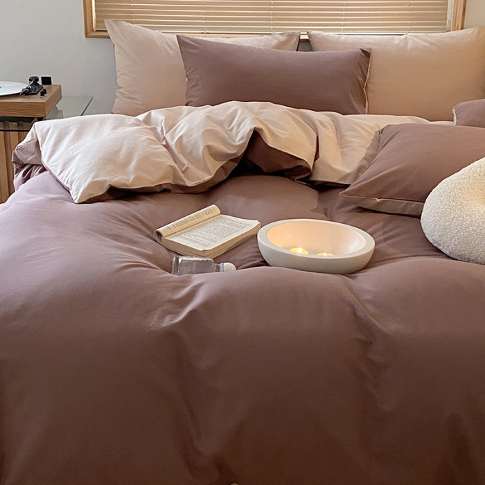 91家纺网 家纺一手货源 找家纺 窝米 2022春季新品素色双拼水洗棉系列四件套 欧蕾咖啡双拼