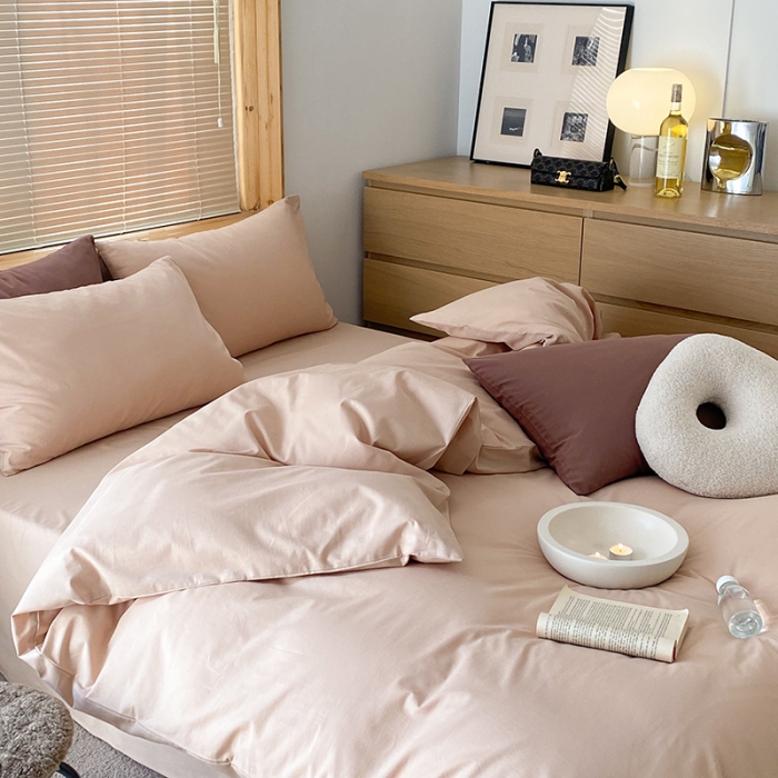 91家纺网 家纺一手货源 找家纺 窝米 2022春季新品素色双拼水洗棉系列四件套 燕麦奶