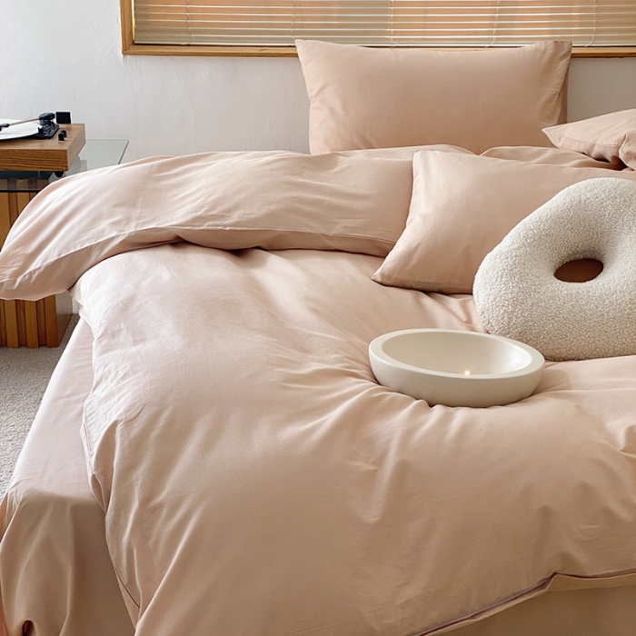 91家纺网 家纺一手货源 找家纺 窝米 2022春季新品素色双拼水洗棉系列四件套 燕麦奶