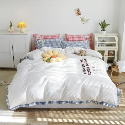 91家纺网 家纺一手货源 找家纺 凌鼎 2025新款全棉水洗棉刺绣工艺款四件套 幸运星-蓝