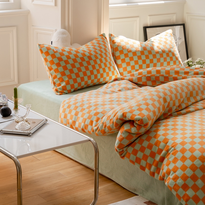 91家纺网 家纺一手货源 找家纺 洋铭区 2022新款双色棋盘格四件套 庄园橙格