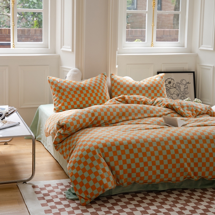 91家纺网 家纺一手货源 找家纺 洋铭区 2022新款双色棋盘格四件套 庄园橙格