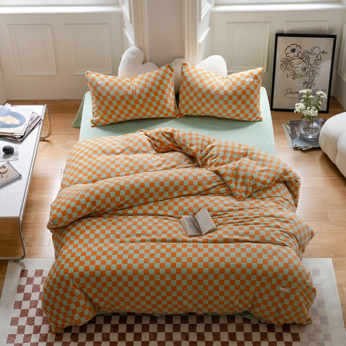 91家纺网 家纺一手货源 找家纺 洋铭区 2022新款双色棋盘格四件套 庄园橙格