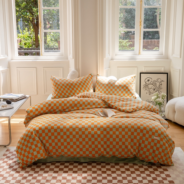 91家纺网 家纺一手货源 找家纺 洋铭区 2022新款双色棋盘格四件套 庄园橙格