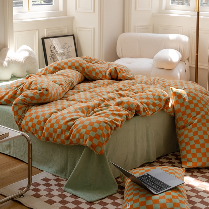 91家纺网 家纺一手货源 找家纺 洋铭区 2022新款双色棋盘格四件套 庄园橙格