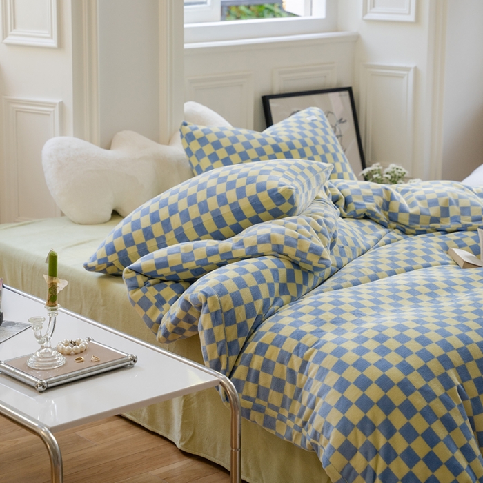 91家纺网 家纺一手货源 找家纺 洋铭区 2022新款双色棋盘格四件套 庄园蓝格