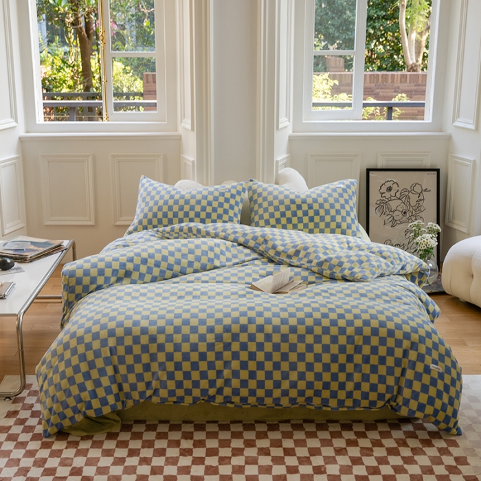 91家纺网 家纺一手货源 找家纺 洋铭区 2022新款双色棋盘格四件套 庄园蓝格