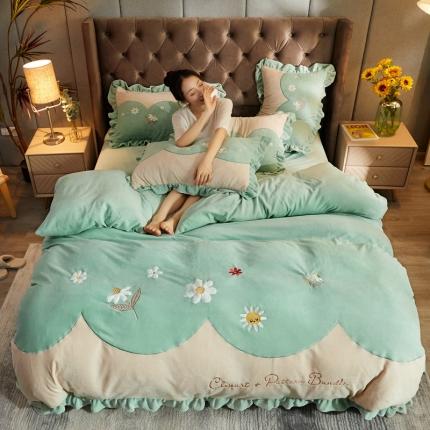 91家纺网 家纺一手货源 找家纺 昊川 2021新款专版小清新牛奶绒四件套直播8斤 小幸运-豆绿