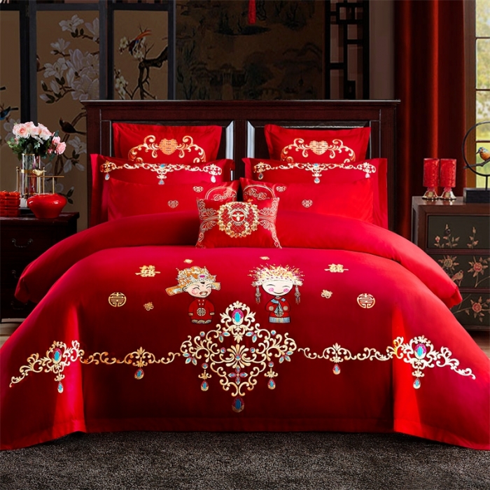 91家纺网 家纺一手货源 找家纺 布乐意 2025新款磨毛婚庆刺绣四件套六件套 喜结良缘