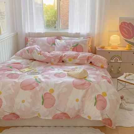 91家纺网 家纺一手货源 找家纺 桃子家居2022新款ins卡通少女小清新全棉系列四件套 水彩蜜桃