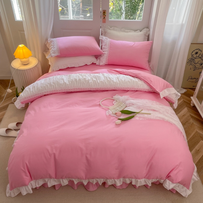 91家纺网 家纺一手货源 找家纺 淑女公社 2022新款全棉少女心事系列四件套 初恋粉