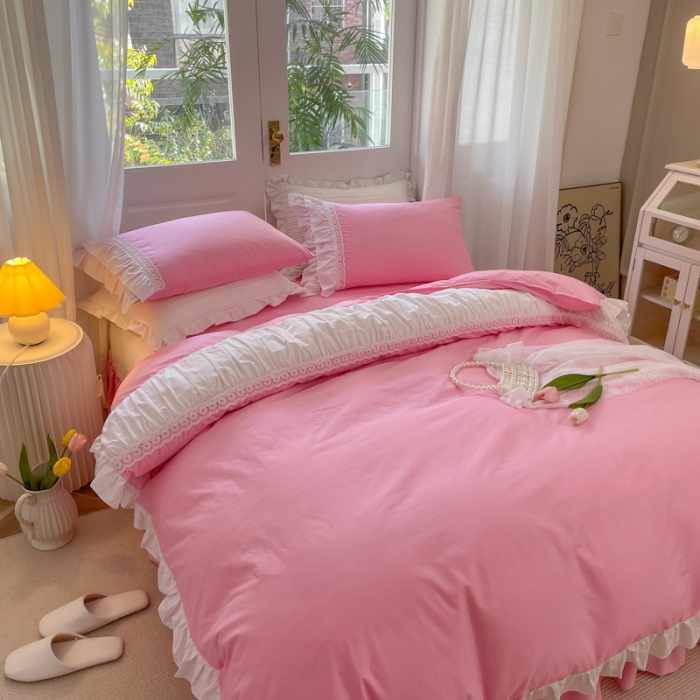 91家纺网 家纺一手货源 找家纺 淑女公社 2022新款全棉少女心事系列四件套 初恋粉