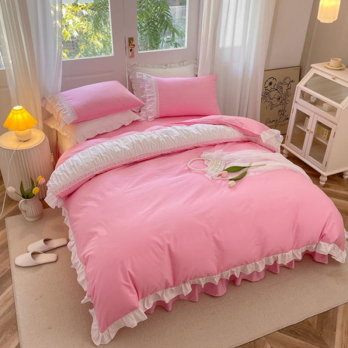 91家纺网 家纺一手货源 找家纺 淑女公社 2022新款全棉少女心事系列四件套 初恋粉