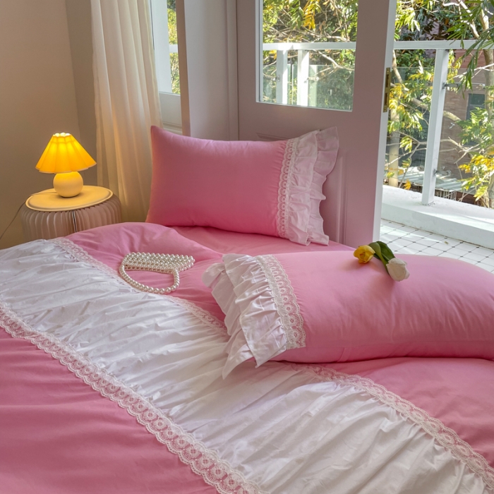 91家纺网 家纺一手货源 找家纺 淑女公社 2022新款全棉少女心事系列四件套 初恋粉