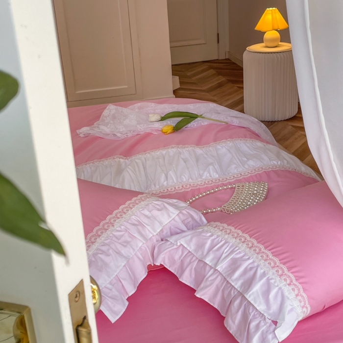 91家纺网 家纺一手货源 找家纺 淑女公社 2022新款全棉少女心事系列四件套 初恋粉