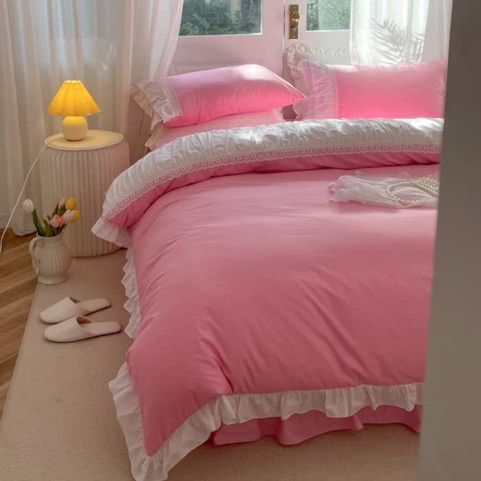 91家纺网 家纺一手货源 找家纺 淑女公社 2022新款全棉少女心事系列四件套 初恋粉