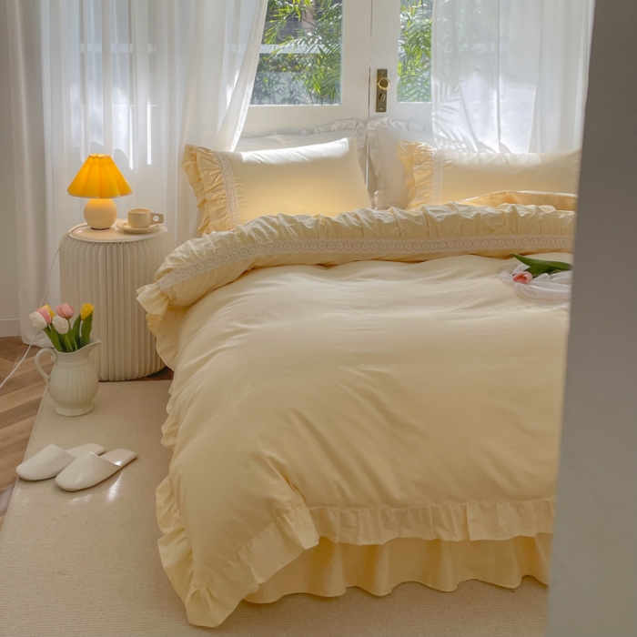 91家纺网 家纺一手货源 找家纺 淑女公社 2022新款全棉少女心事系列四件套 奶油黄