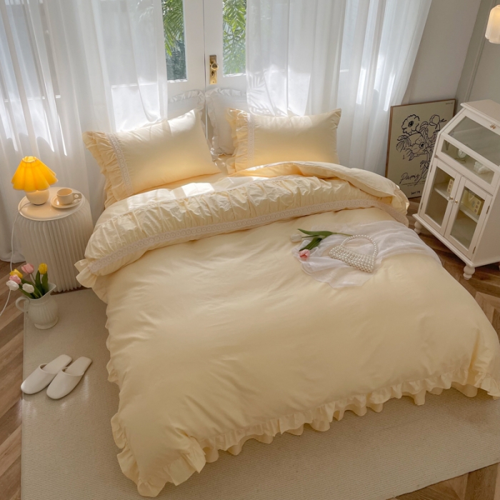 91家纺网 家纺一手货源 找家纺 淑女公社 2022新款全棉少女心事系列四件套 奶油黄