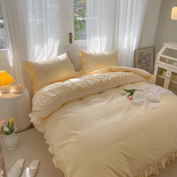 91家纺网 家纺一手货源 找家纺 淑女公社 2022新款全棉少女心事系列四件套 奶油黄