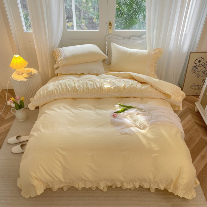 91家纺网 家纺一手货源 找家纺 淑女公社 2022新款全棉少女心事系列四件套 奶油黄