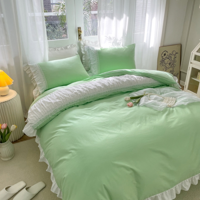 91家纺网 家纺一手货源 找家纺 淑女公社 2022新款全棉少女心事系列四件套 春天绿