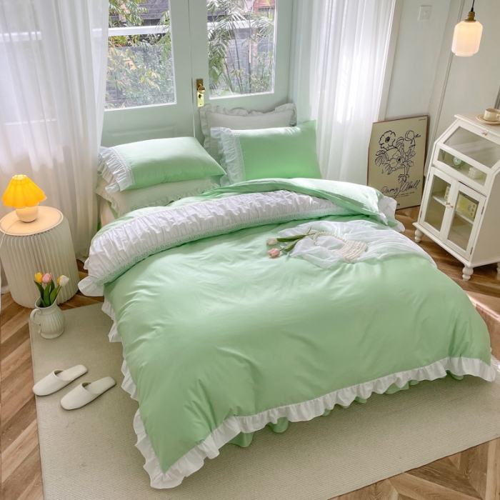 91家纺网 家纺一手货源 找家纺 淑女公社 2022新款全棉少女心事系列四件套 春天绿