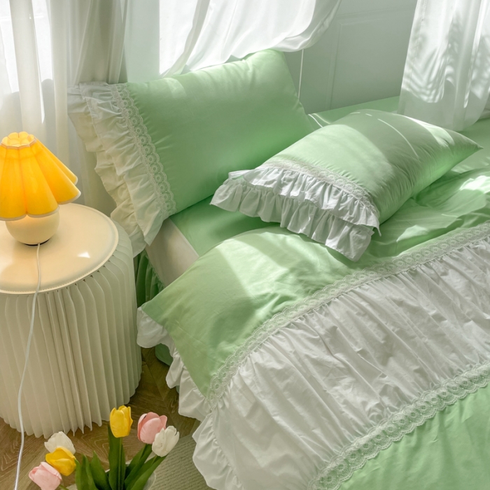 91家纺网 家纺一手货源 找家纺 淑女公社 2022新款全棉少女心事系列四件套 春天绿