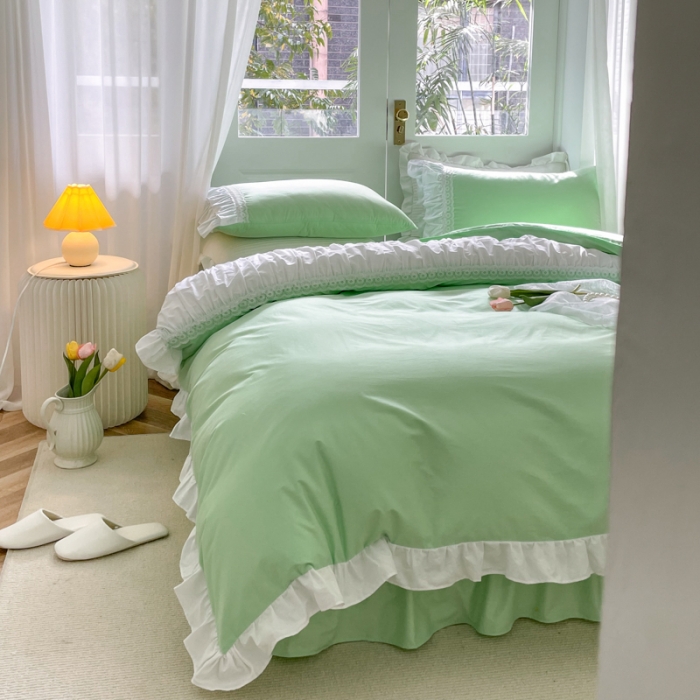 91家纺网 家纺一手货源 找家纺 淑女公社 2022新款全棉少女心事系列四件套 春天绿