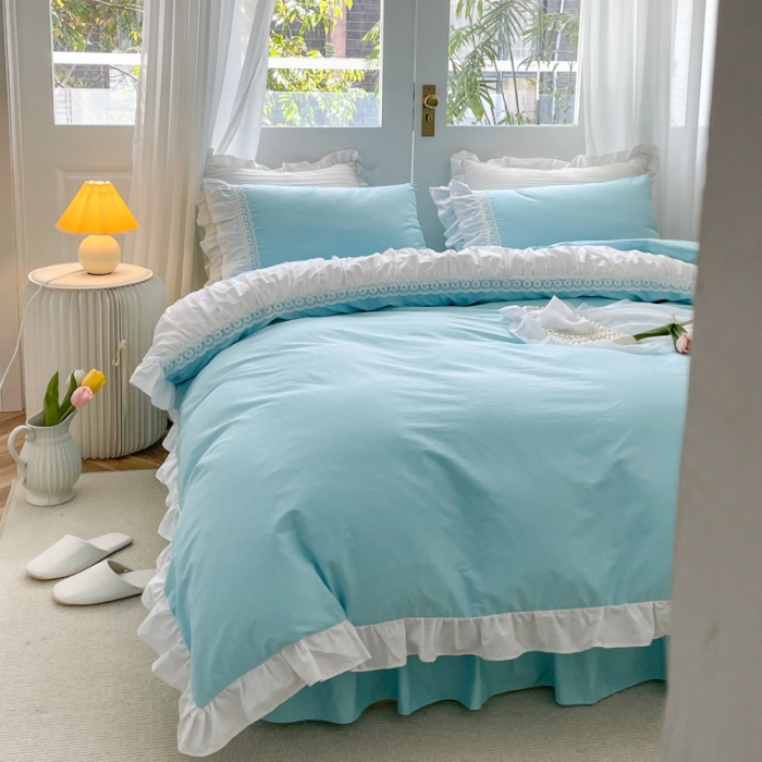 91家纺网 家纺一手货源 找家纺 淑女公社 2022新款全棉少女心事系列四件套 海洋蓝